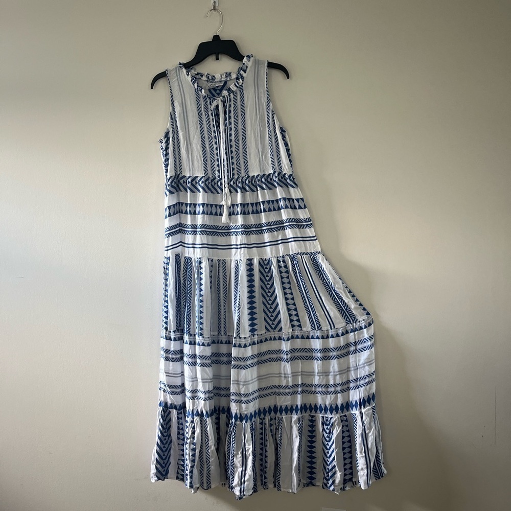 Goa Beachwear By Japna Blue White Print Tiered Maxi Dress Sz M - Picture 7 of 13